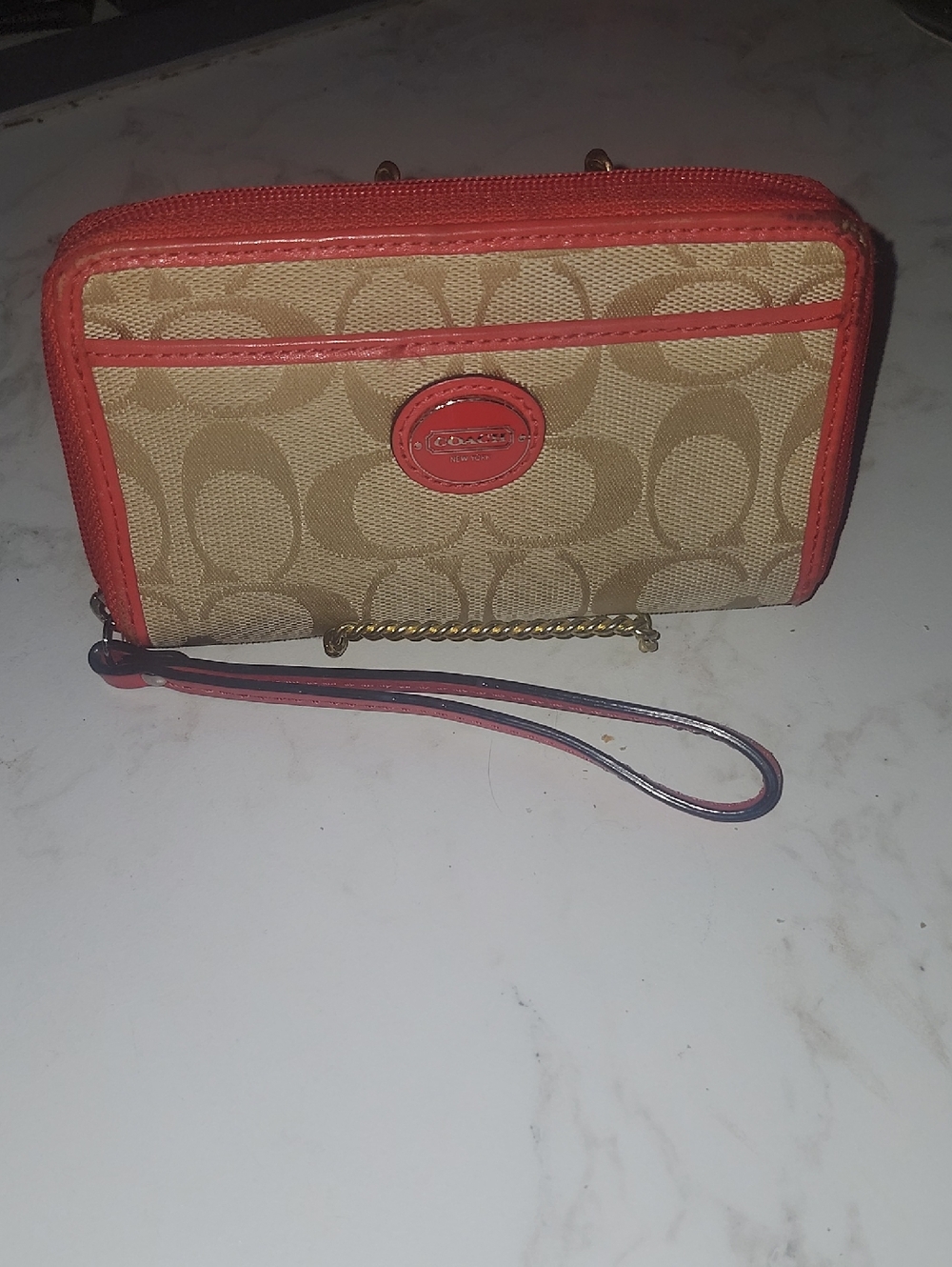 Coach Tan Signature Canvas Wristlet with Coral Trim